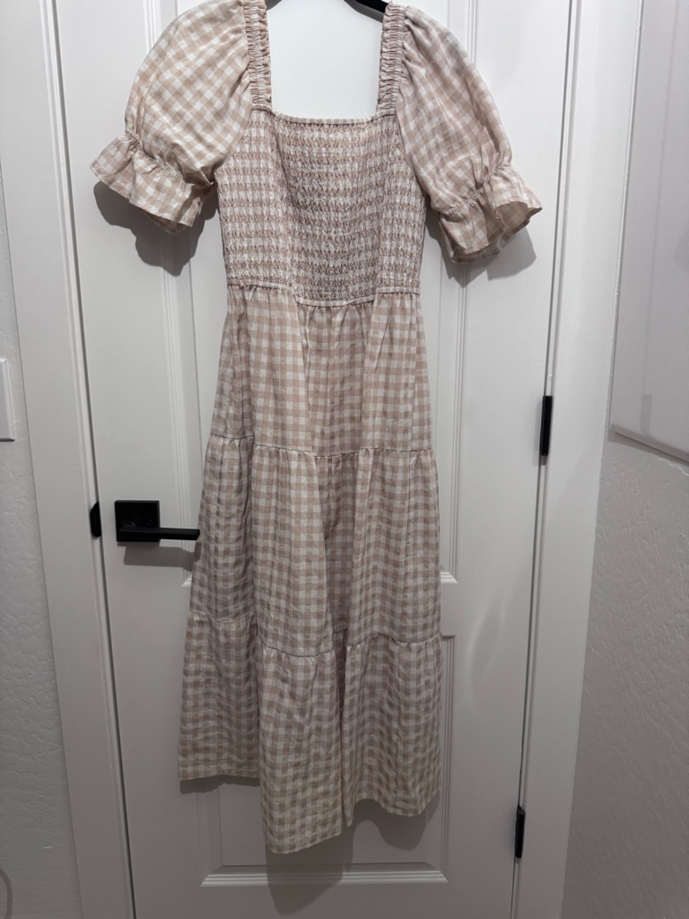 Smocked Gingham Maxi Dress in Beige